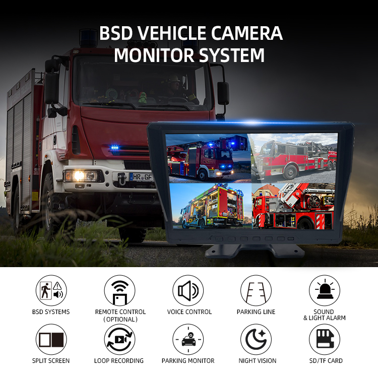 Vehicle Monitor With 4-Way AI Pedestrian Recognition Truck Camera System and BSD Sound and Light Alarm