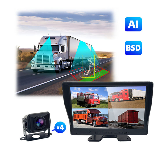 Voice Control Monitor with Audible Alarm - BSD 1080P AHD Truck 4 Channel Vehicle Camera