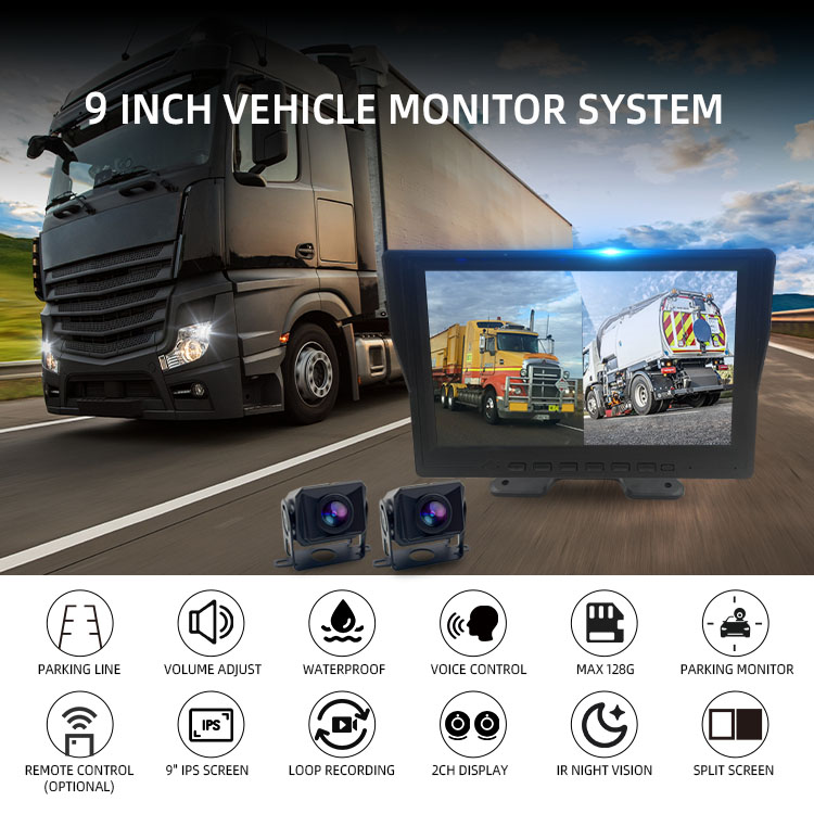 12V/24V 2 Channel Truck Front & Rear Camera 9 Inch Monitor With Parking Line