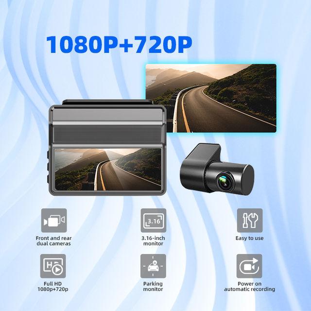 3.16" IPS Screen Video Recorder Mini Dash Cam 1080P +720P Dual Lens DVR Car Black Box