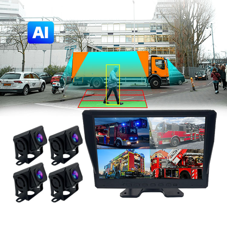 Vehicle Monitor With 4-Way AI Pedestrian Recognition Truck Camera System and BSD Sound and Light Alarm
