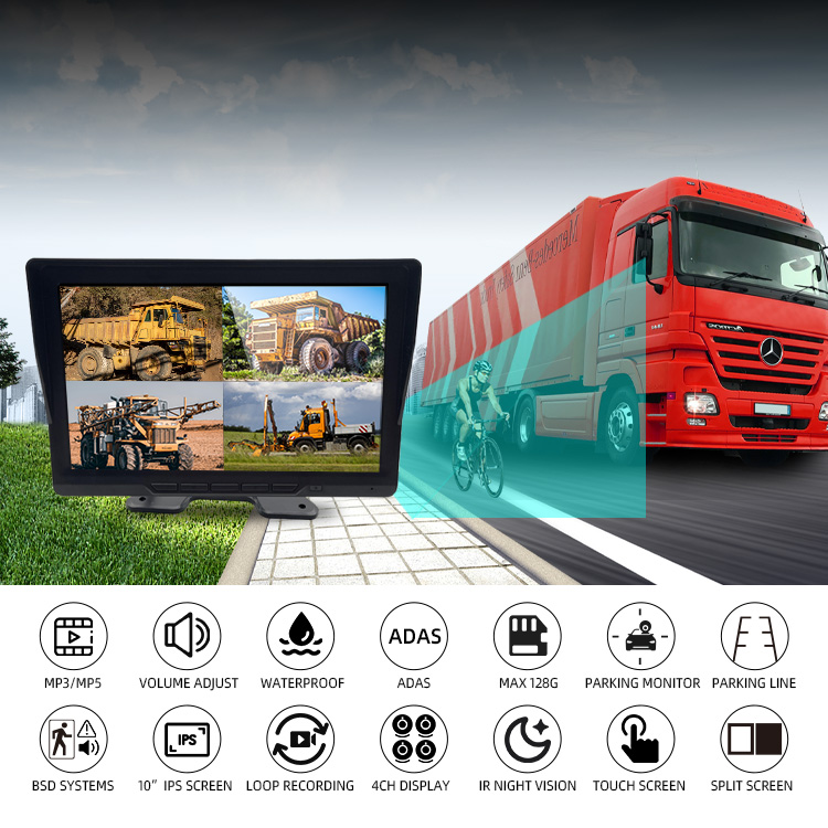 24H Parking Monitor ADAS BSD 4CH Camera Monitor System for Truck Bus - Supports 128GB